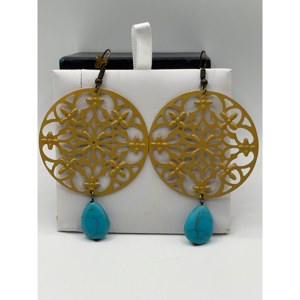 Gold Filigree Medallion Drop Earrings with Faux Turquoise Stone Boho Statement